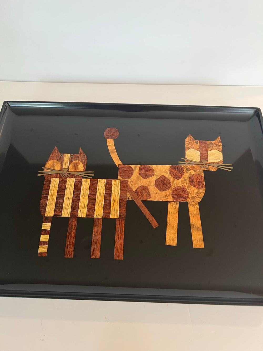 NEW Vtg 1960s COUROC Two Cat MCM Wood Brass Inlay Handcrafted Serving Tray JL